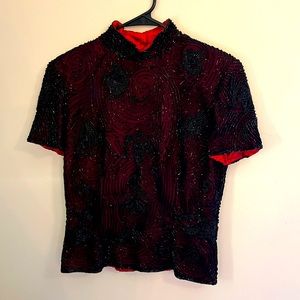 1980’s vintage Papell Boutique Evening 100% Silk Beaded Formal Top Red and Black